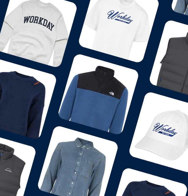 Workday hero banner featuring new Workday branded apparel merchandise. There is text that reads: Shop all new Fall Favorites..