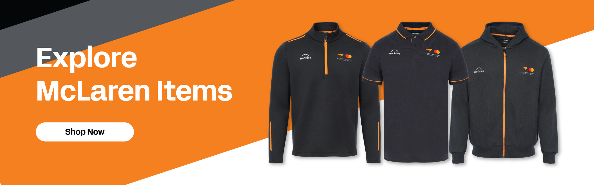 Product banner featuring various McLaren apparel items.